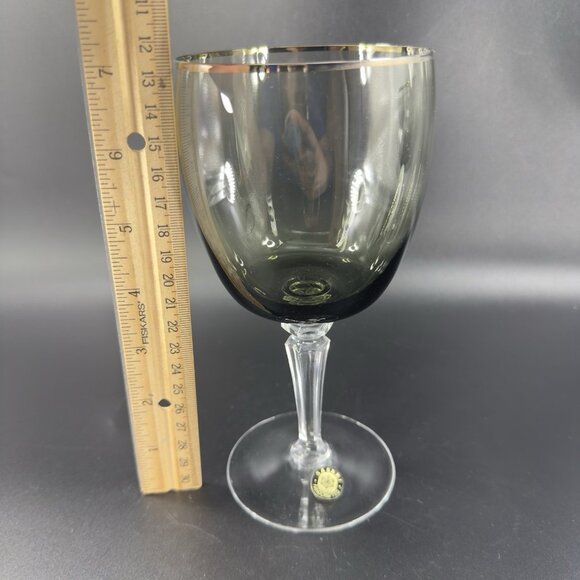 Sasaki Glass Platinum Rim Smokey Green Black Goblet Glasses Cups 7inch Set 2 VTG - Picture 3 of 11